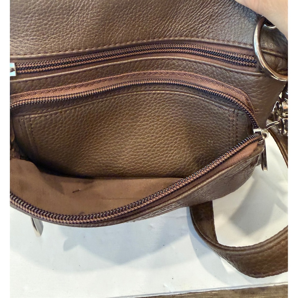 Brown Leather Small Multi-Pocket Pebbled Crossbody Organizer Bag Purse - Picture 8 of 11